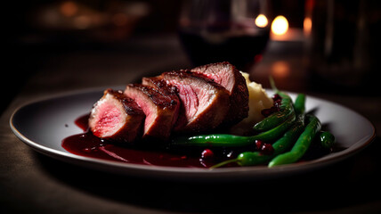 Beautifully plated, fine dining dish featuring a tender, pan-seared duck fillet meat with crispy skin, resting on a bed of creamy mashed potatoes, accompanied by a red wine reduction.