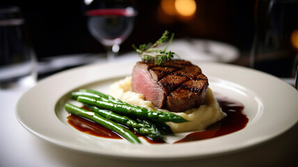 Beautifully plated, fine dining dish featuring a tender, pan-seared duck fillet meat with crispy skin, resting on a bed of creamy mashed potatoes, accompanied by a red wine reduction.