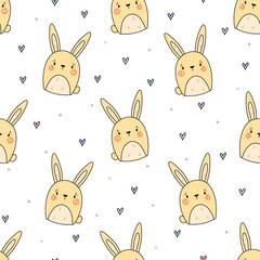 Seamless vector pattern with cute hand drawn bunnies. Kawaii Easter texture. Funny baby bunny background for kids room decor, nursery art, packaging, wrapping paper, textile, fabric, wallpaper, gift.