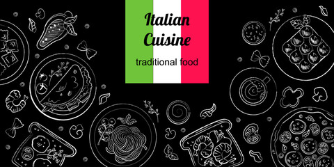 Banner with traditional Italian dishes on black background 