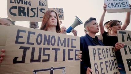Crowd people protest for financial crisis and inflation economy - Rally for cost of living - Black and white editing