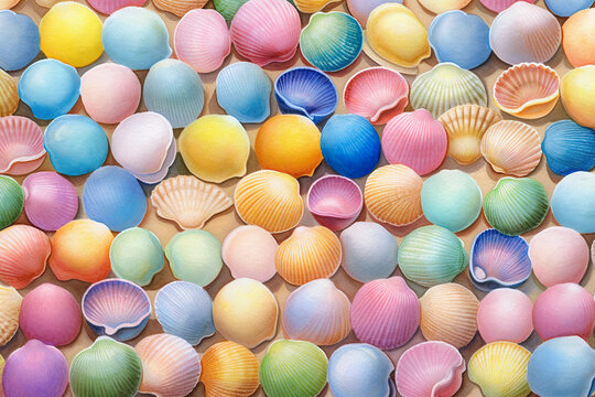 Multi colored seashell background at the beach, AI generative image