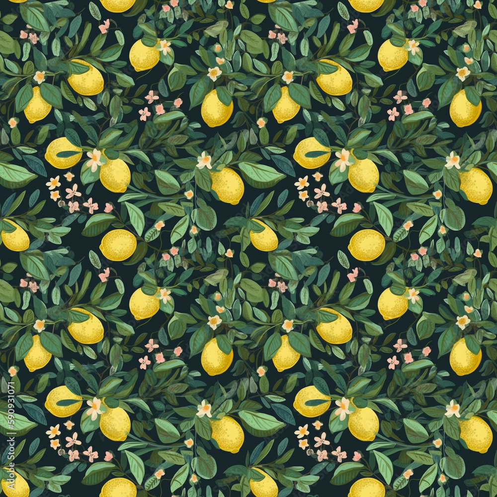 Poster repeating pattern of lemons. ai generative.