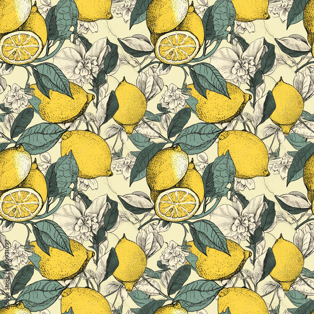 Poster repeating pattern of lemons. ai generative.