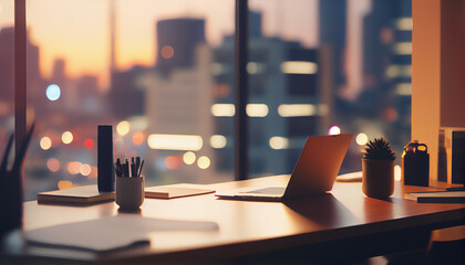 Blurred office workspace in the evening interior. AI generated