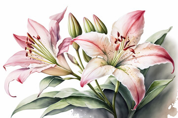 Generative AI. A branch close-up of pink Lilly flowers. Watercolor painting illustration, isolated on white background. - obrazy, fototapety, plakaty