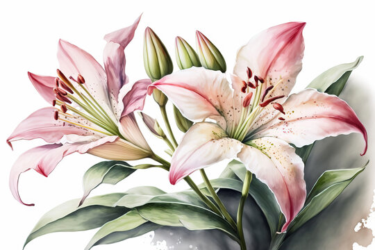 Generative AI. A branch close-up of pink Lilly flowers. Watercolor painting illustration, isolated on white background.