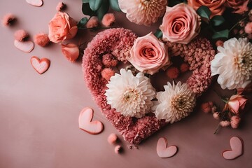 arraignment of pink roses in a heart. Valentines day. Mothers day.  Generative ai