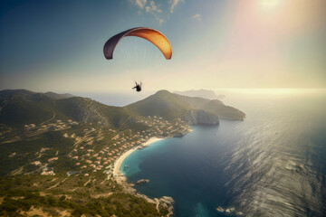 paraglider over the sea, montains, goldern houer, generative ai
