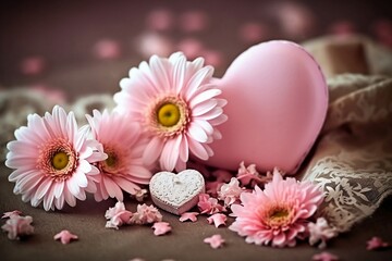 pink flowers on wooden background. Valentines day. Mothers day.  Generative ai