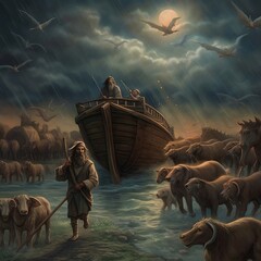 Noah guiding animals 2 by 2 to the ark.  Generative ai