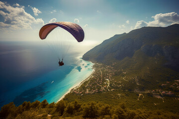 paragliding flying  in the mountains bay, panorama, generative ai