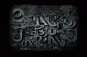 Chaotic full frame of unrecognizable type letters on chalkboard, artificial intelligence drawing text example. Generative AI