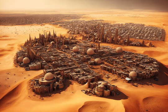 Vista a&eacute;rea ciudad en marte, gran urbe en un planeta espacial, grandes edificios futuristas videojuego desierto, creado con IA generativa