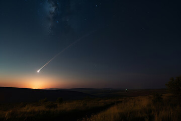 Meteorito entrando en la atmosfera, estrella fugar al atardecer, objeto no identificado en el cielo, basura espacial en el cielo, estela al atardecer, creado con IA generativa