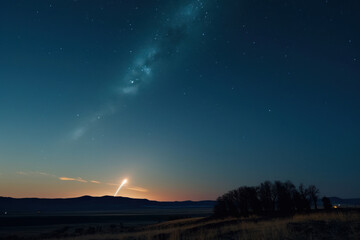 Meteorito entrando en la atmosfera, estrella fugar al atardecer, objeto no identificado en el cielo, basura espacial en el cielo, estela al atardecer, creado con IA generativa