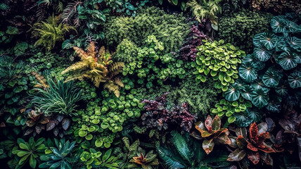 A lush, vibrant green living wall filled with a variety of small, healthy plants, creating a natural, eco-friendly texture. Wallpaper, Background