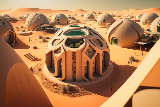 Ciudad futurista en marte, arquitectura hol&iacute;stica para vivir en el espacio, edificios en el desierto, creado con IA generativa