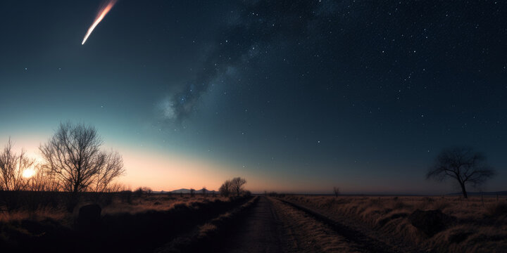 Meteorito entrando en la atmosfera, estrella fugar al atardecer, objeto no identificado en el cielo, basura espacial en el cielo, estela al atardecer, creado con IA generativa
