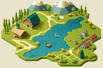 Fototapeta premium rural landscape featuring a barn and a lake in a country setting. Generative AI