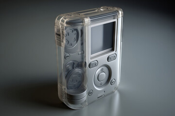 Fototapeta premium Videojuego portátil con carcasa transparente estilo glassmorphism, reproductor de juegos digitales, simulador de videojuegos, teléfono movil, creado con IA generativa