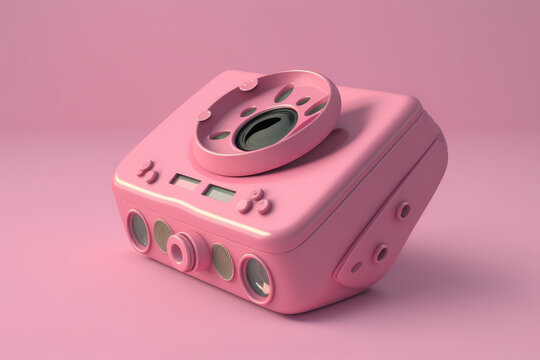 C&aacute;mara de fotograf&iacute;a retro futurista aesthetic, c&aacute;mara de video rosa, viewmaster con visor para diapositivas y fotograf&iacute;as antiguas, creado con IA generativa