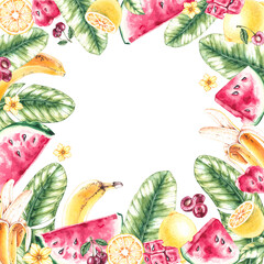 Watercolor summer fruit banner of watermelon, pineapple, lemon, cherry on a white background