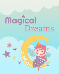 Magic girl illustration, fairy, kid, love magic girl moon dreams sky pastels 