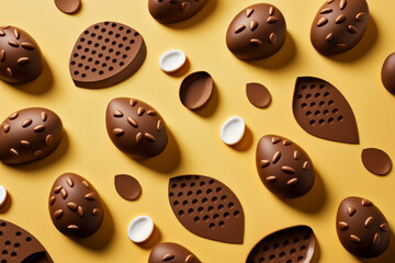 Fototapeta premium Fondo huevos de pascua aesthetic, huevos de chocolate decoración infantil, juego esconder huevos dulces, repostería de lujo inspiración moderna creado con IA generativa