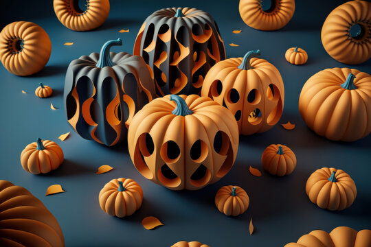 Fondo de halloween con calabazas artisticas, calabazas negras y naranjas decoradas, inspiraci&oacute;n creativa original y art&iacute;stica calabazas de oto&ntilde;o, creado con IA generativa