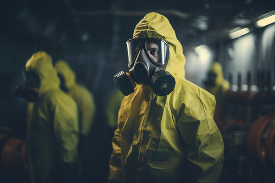 Alarming situation with nuclear reactor or hazardous chemical production. Concerned people in yellow heavy full protective suits. People AI generative image
