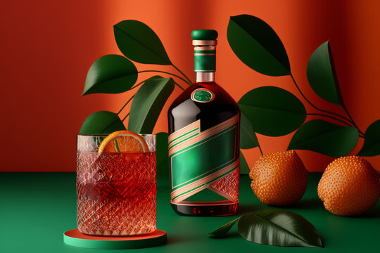 Mockup botella marca de lujo alcohol, etiqueta en blanco bebida, ron premium en ambiente sombreado tropical, creado con IA generativa
