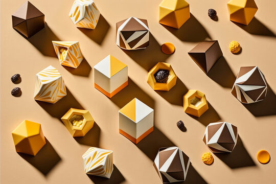 Bombones de chocolate amarillo aesthetic, bombones de lujo reposteria coreana, regalo de san valentin dulce, caramelos y chucher&iacute;as deliciosas, creado con IA generativa