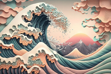 Ilustración 3d mar embravecido en Japón, cuadro famoso cultura japonesa hecho con materiales 3d, arte inspiración, creado con IA generativa
