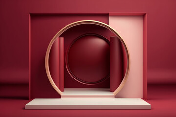 ambiente product display rojo burdeos lujoso, fondo abstracto arquitectónico estilo podium, creado con IA generativa  - obrazy, fototapety, plakaty