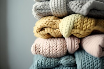 colorful stack of knitted blankets. Generative AI