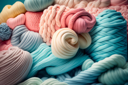 Ovillos de lana de colores aesthetic, materiales para coser y tejer ropa, crochet con hilos de algod&oacute;n, creado con IA generativa