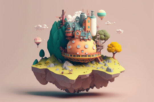 Isla cottagecore con una peque&ntilde;a casa, isla m&aacute;gica de mundo fant&aacute;stico con globos y edificios en las nubes, creado con IA generativa 
