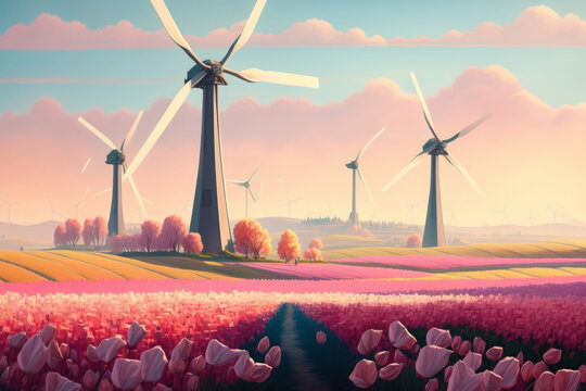 Campo con flores en primavera con grandes molinos de viento, energ&iacute;a eolica en un paisaje aesthetic, creado con IA generativa 