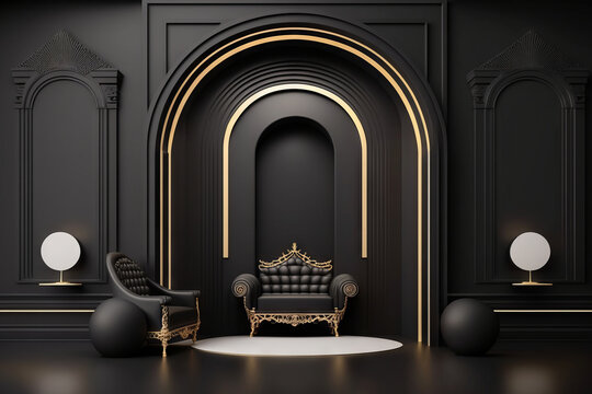 ambiente product display negro lujoso, fondo abstracto arquitectónico estilo podium, creado con IA generativa 