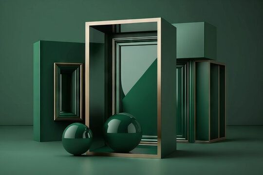 ambiente product display verde y dorado lujoso, fondo abstracto arquitect&oacute;nico estilo podium, creado con IA generativa 