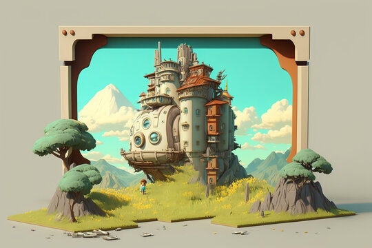 Marco 3d castillo m&aacute;gico anime, puerta abierta a otro mundo, concept art mundo m&aacute;gico cottagecore, creado con IA generativa