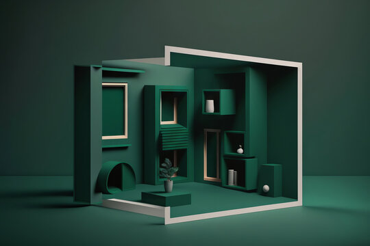 ambiente product display verde y dorado lujoso, fondo abstracto arquitectónico estilo podium, creado con IA generativa 
