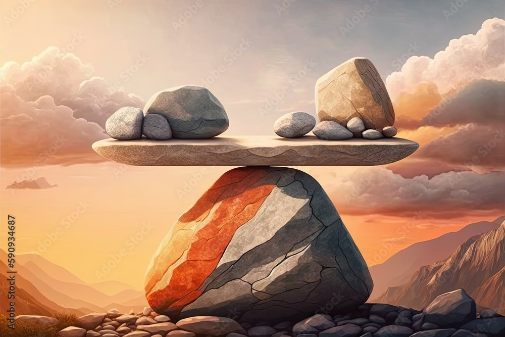 Poster rocks on a balance scale depicting balance and stability. generative ai