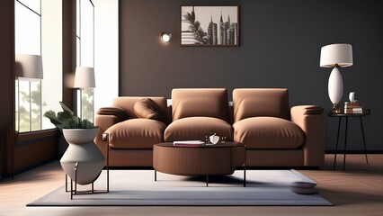 Sofa with coffee table by window in living room - Generative AI