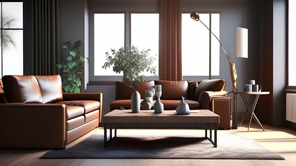 Sofa with coffee table by window in living room - Generative AI
