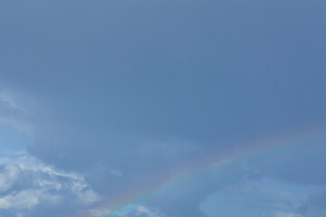 Fototapeta na wymiar Rainbow over residential high-rise buildings horizon, gloomy sky against a rainbow background.