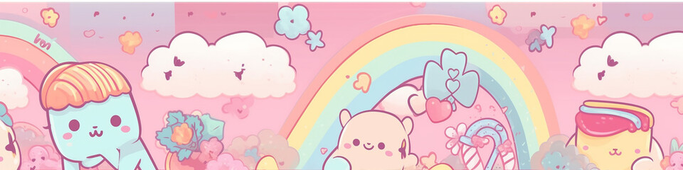 Cute kawaii funny horizontal banner website background advertising pink rainbow cat kittens ice cream clouds baby print, KI, AI