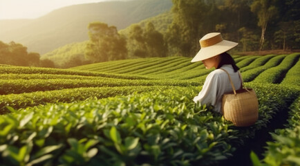 Woman picking tea leaves at tea plantation in Asia. Copy space. Based on Generative AI