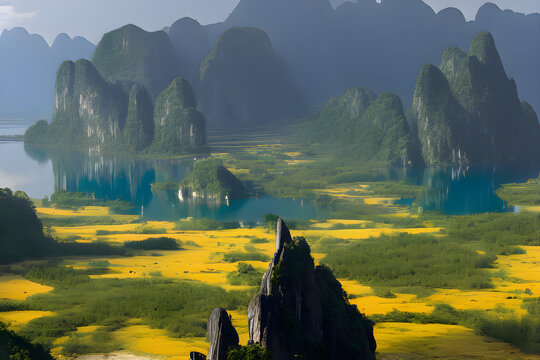 Breathtaking landscape scenario of enourmous mountains in an exteme landscape. Mountains behind a deep blue water lake. Huge Scandinavian mountains during jurrassic period. AI-generated